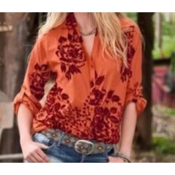 Sundance Tops - Sundance Button Up Shirt Women's Size XS Orange Burgundy Velvet Vignette Floral